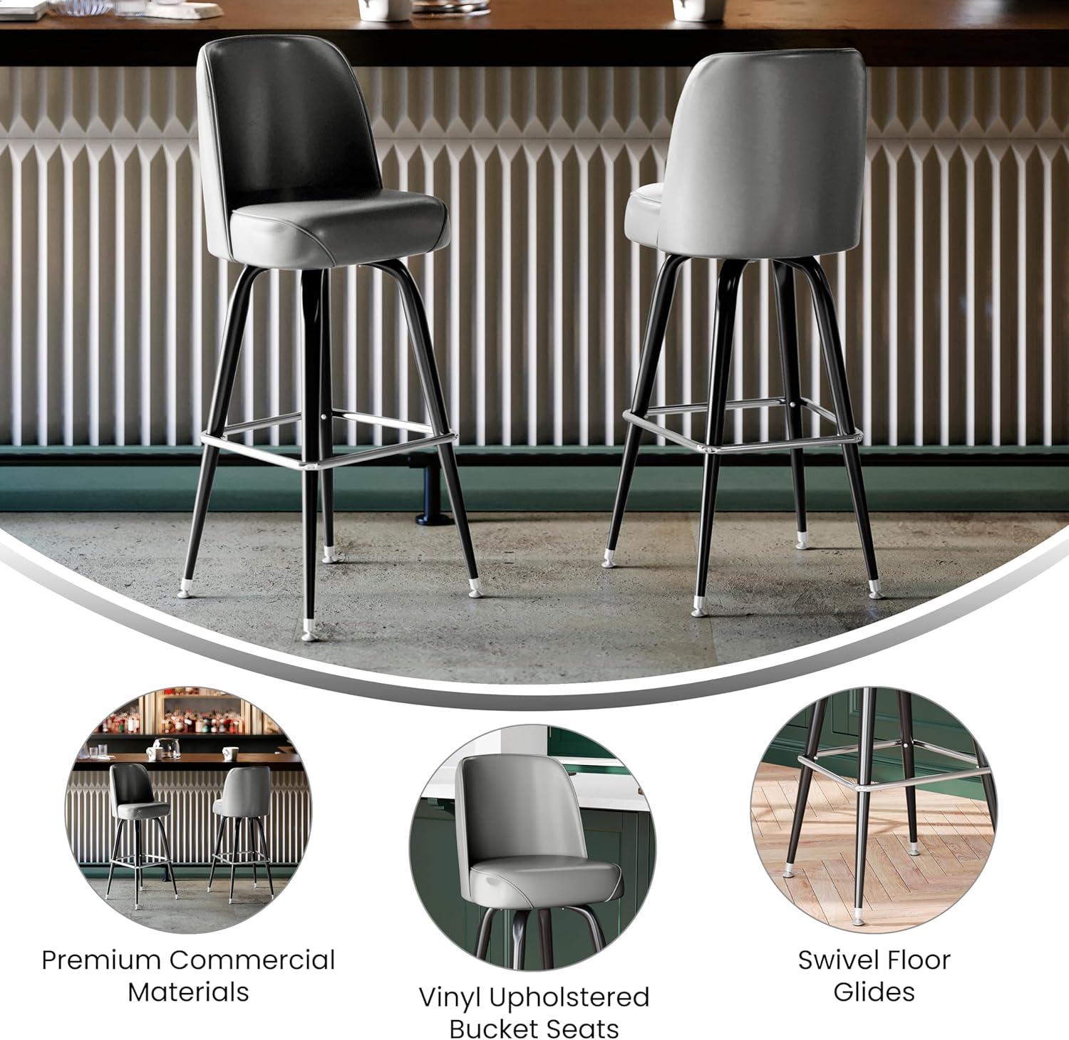 imageFlash Furniture James 2 Pack Metal Barstool with Upholstered Swivel BucketSeat and Integrated FootrestGrey