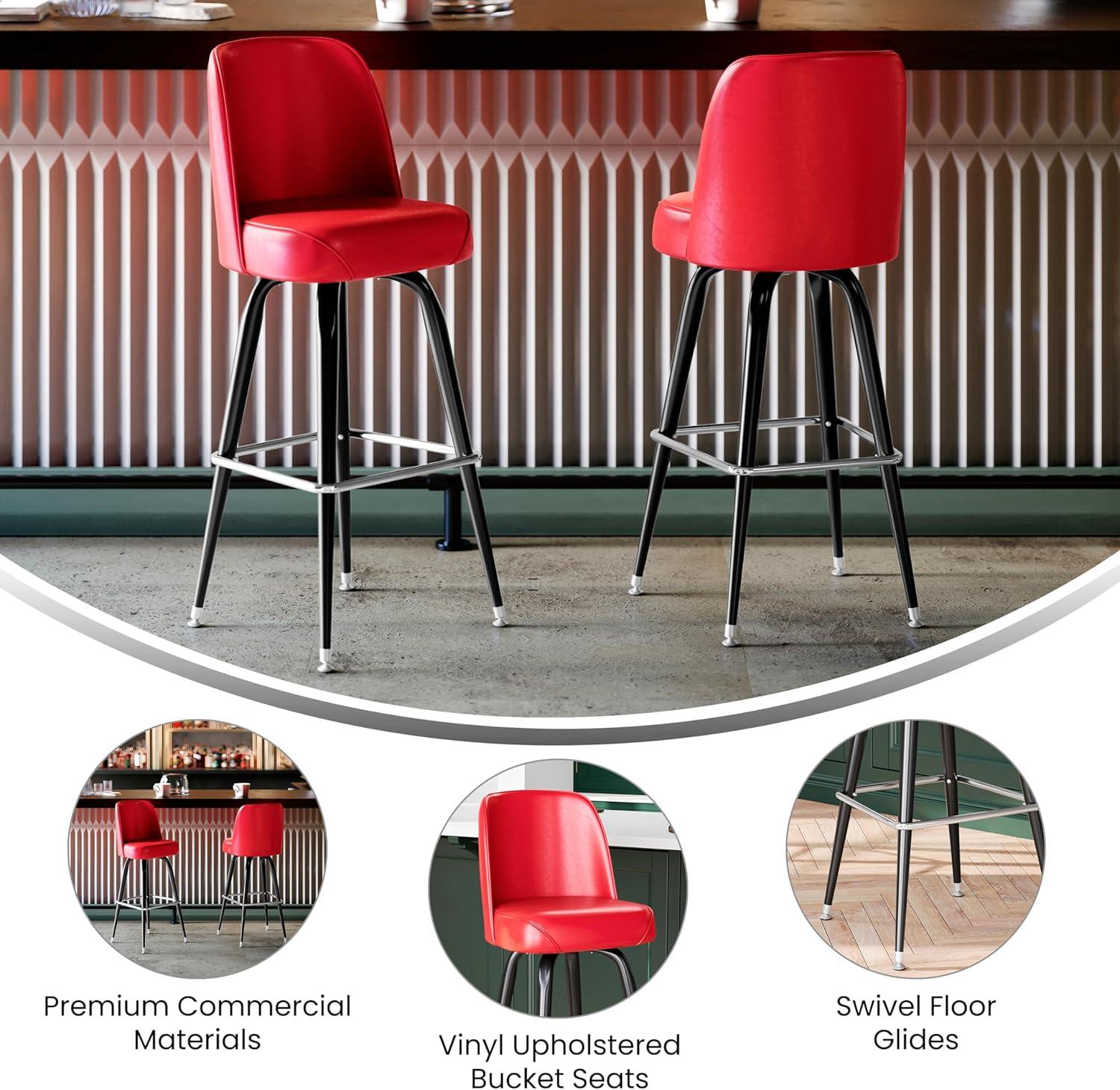 imageFlash Furniture James 2 Pack Metal Barstool with Upholstered Swivel BucketSeat and Integrated FootrestRed