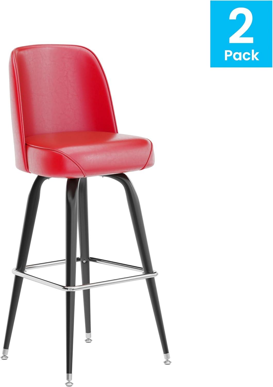imageFlash Furniture James 2 Pack Metal Barstool with Upholstered Swivel BucketSeat and Integrated FootrestRed