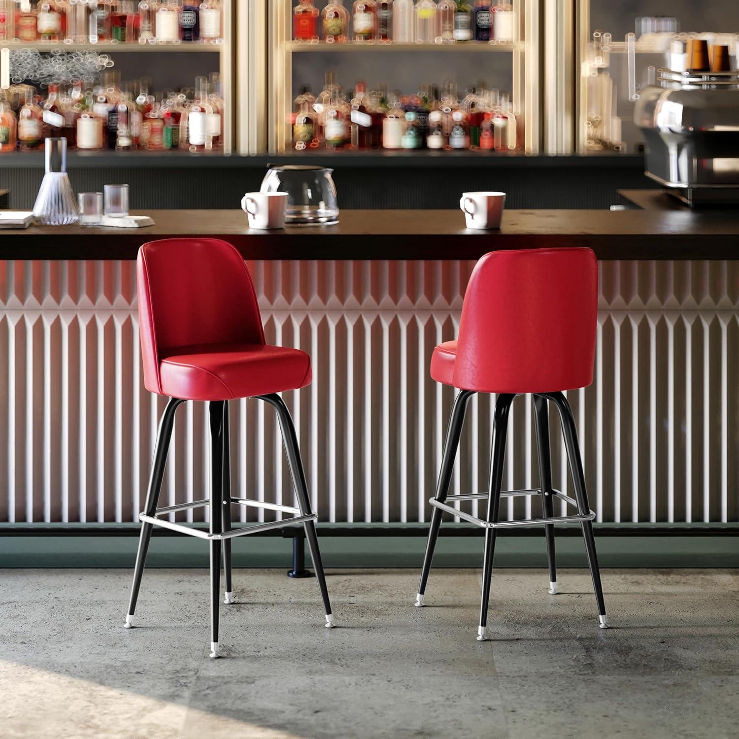 imageFlash Furniture James 2 Pack Metal Barstool with Upholstered Swivel BucketSeat and Integrated FootrestRed