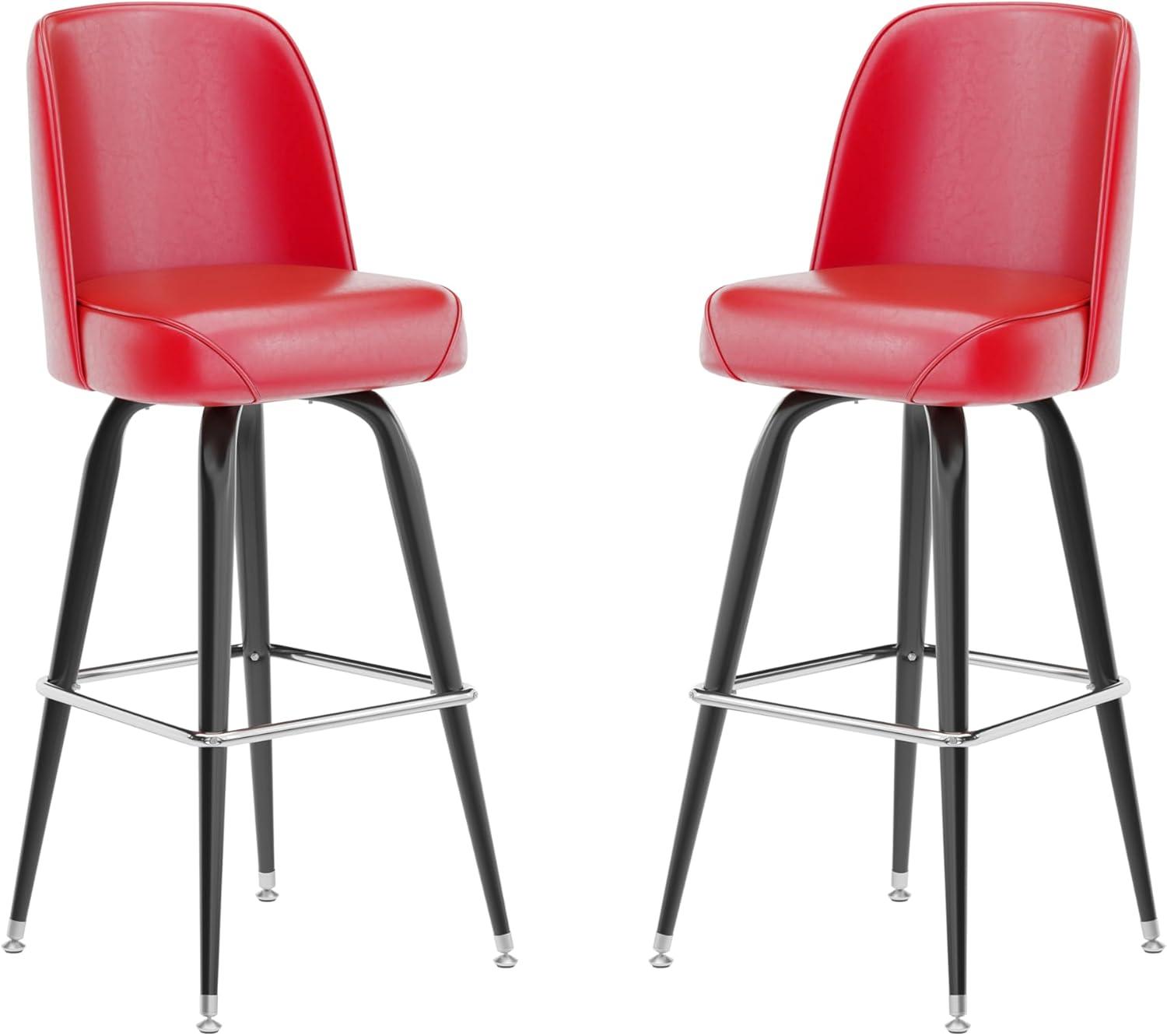 imageFlash Furniture James 2 Pack Metal Barstool with Upholstered Swivel BucketSeat and Integrated FootrestRed