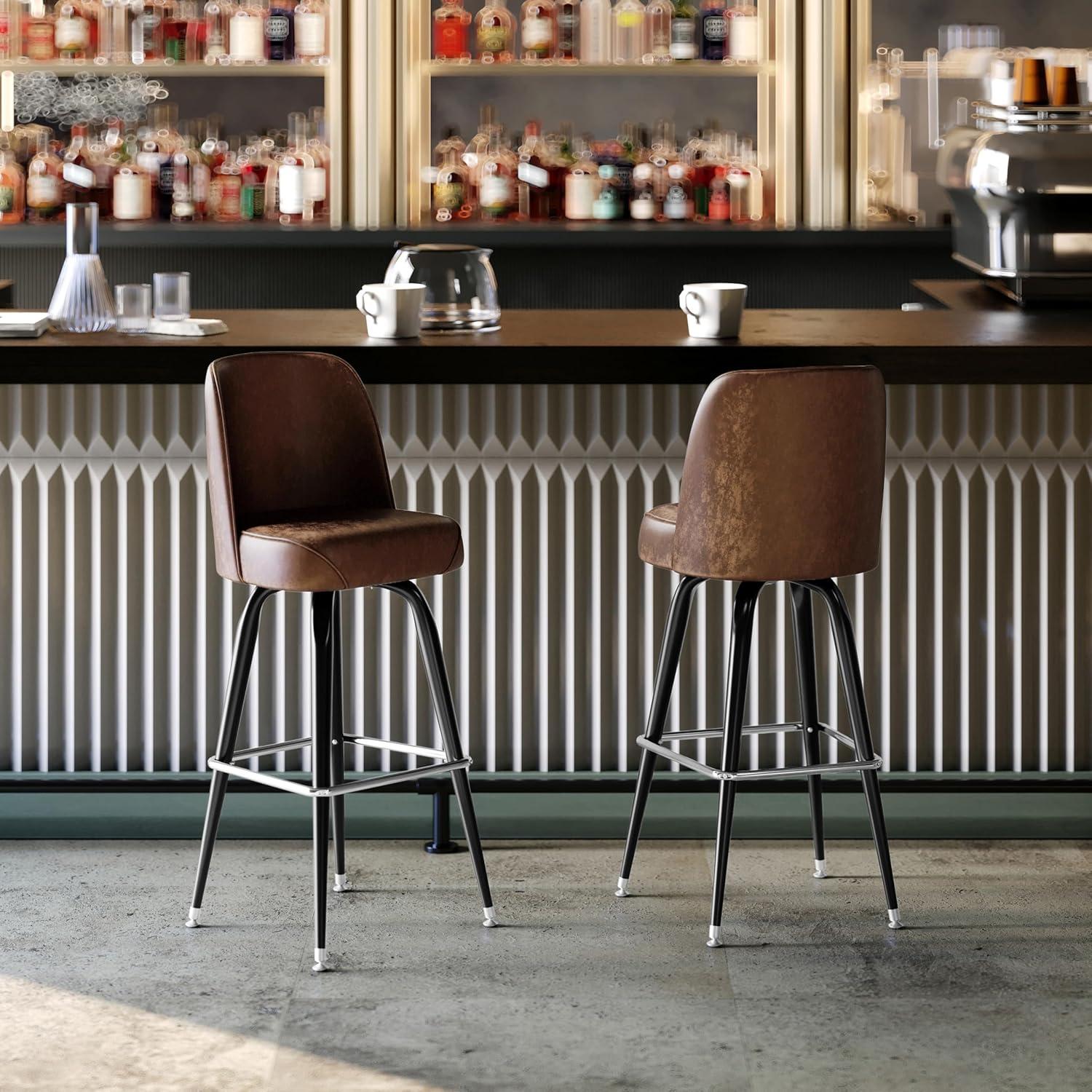 imageFlash Furniture James 2 Pack Metal Barstool with Upholstered Swivel BucketSeat and Integrated FootrestWeathered Brown