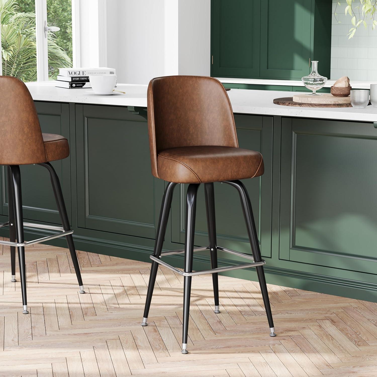imageFlash Furniture James 2 Pack Metal Barstool with Upholstered Swivel BucketSeat and Integrated FootrestWeathered Brown