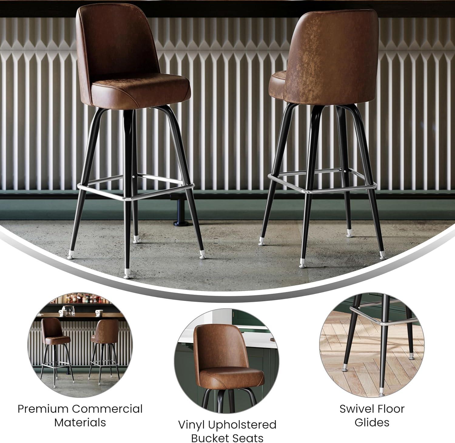 imageFlash Furniture James 2 Pack Metal Barstool with Upholstered Swivel BucketSeat and Integrated FootrestWeathered Brown
