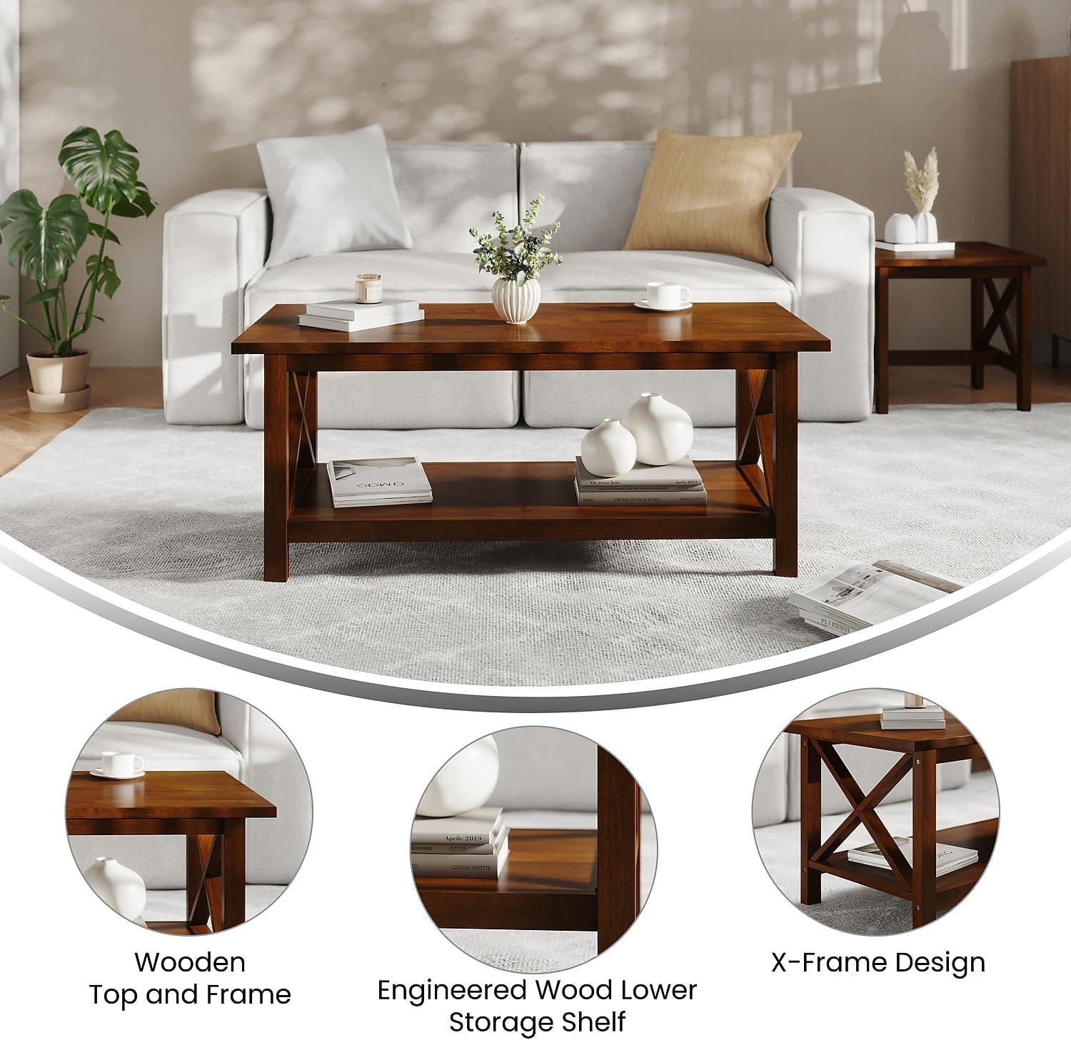 imageFlash Furniture Jasper Farmhouse Solid Wood Coffee Table Rustic Coffee Table XFrame Design Living Room Bedroom Home Office 1975quot H Acacia GrayRustic WhiteWalnut