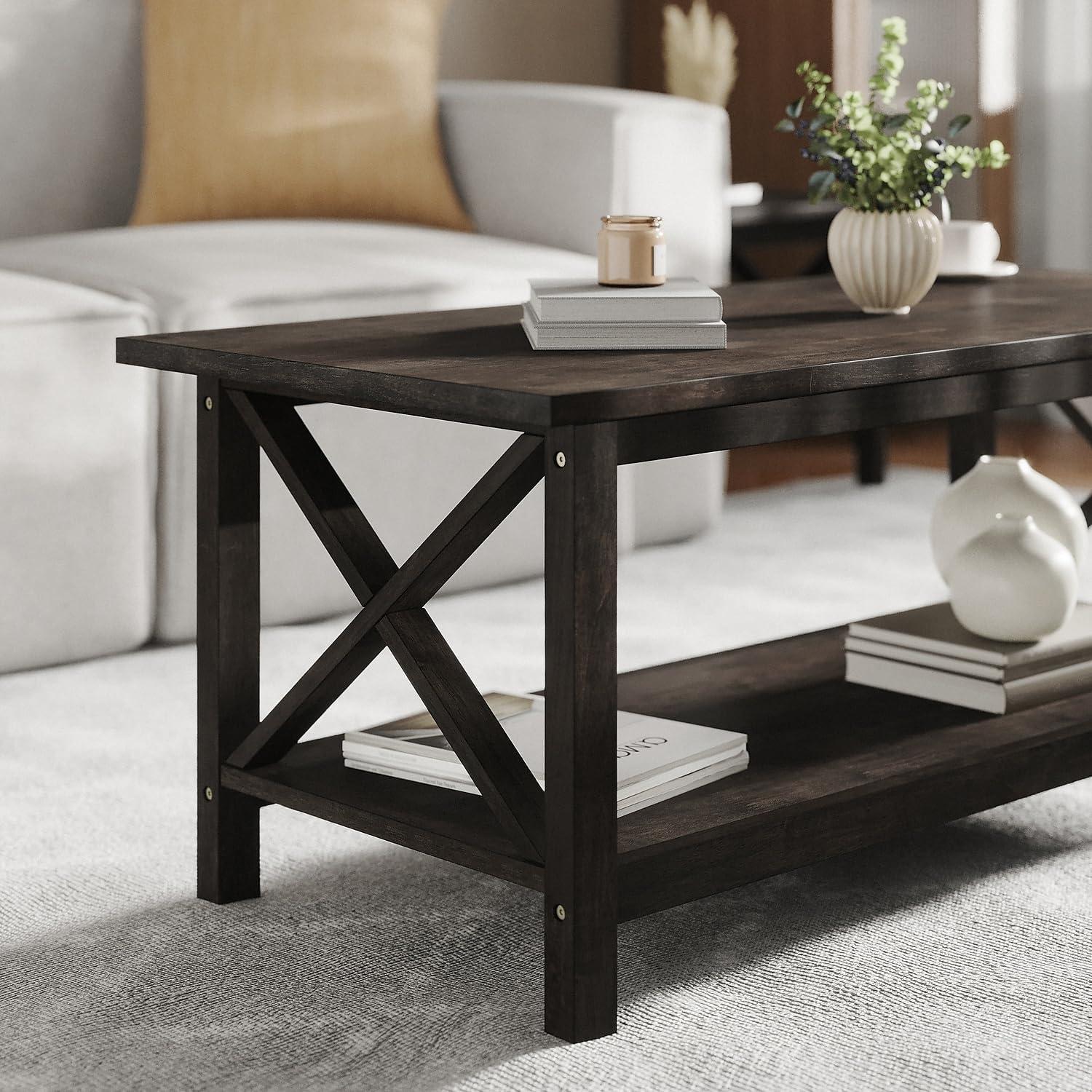 imageFlash Furniture Jasper Farmhouse Solid Wood Coffee Table Rustic Coffee Table XFrame Design Living Room Bedroom Home Office 1975quot H Acacia GrayRustic WhiteDark Gray