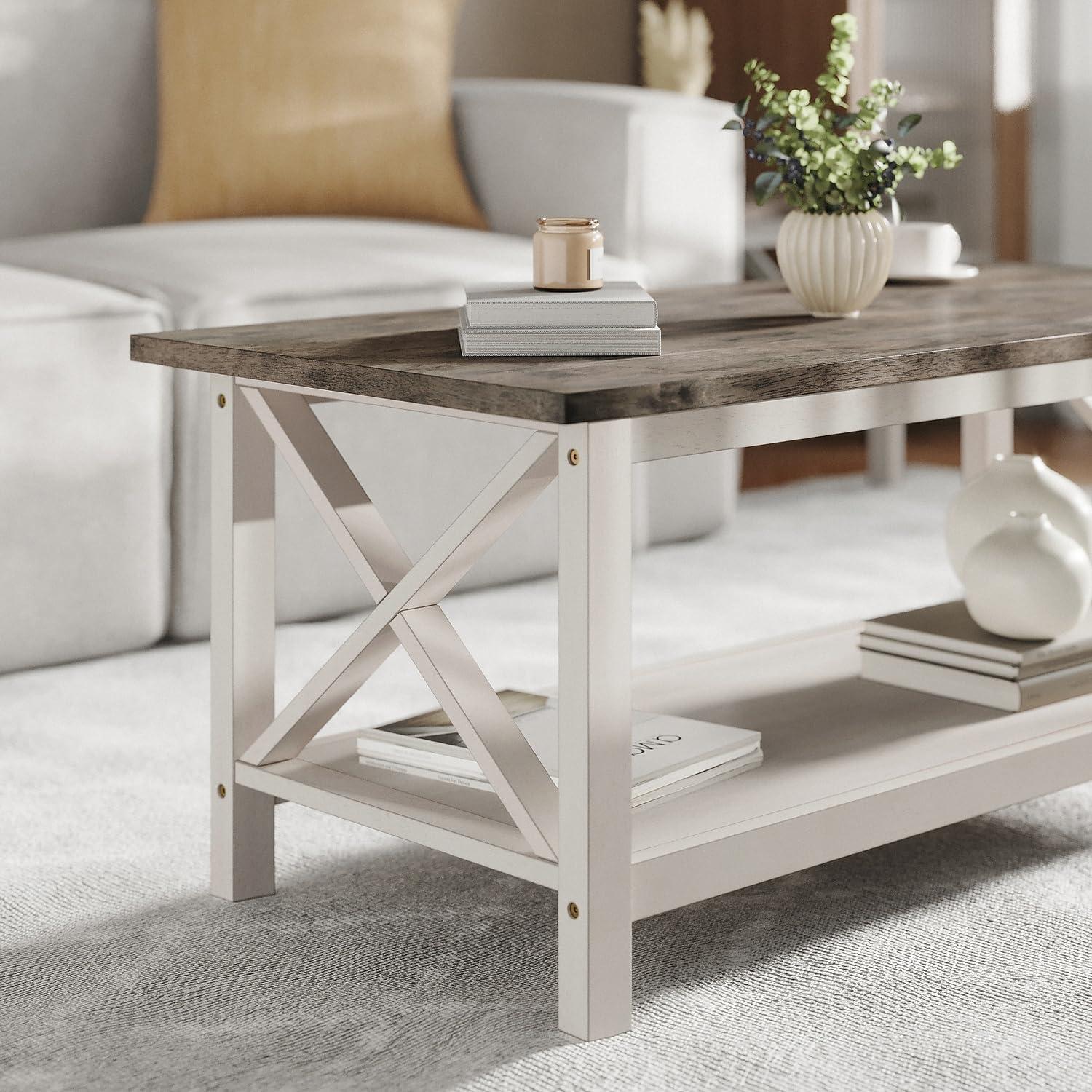 imageFlash Furniture Jasper Farmhouse Solid Wood Coffee Table Rustic Coffee Table XFrame Design Living Room Bedroom Home Office 1975quot H Acacia GrayRustic WhiteAcacia Gray TopRustic White Frame