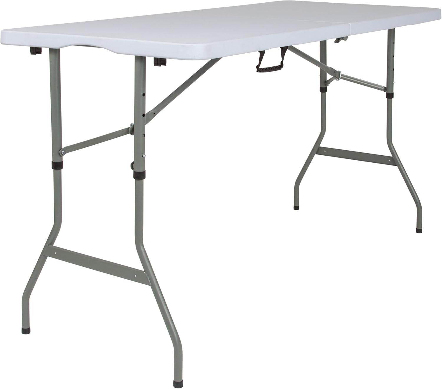 imageFlash Furniture Kathryn 5 Rectangular Plastic Folding Event Table with Carrying Handle BiFold Portable Banquet Table for IndoorOutdoor Events White 2725quotD x 60quotW x 34quotH