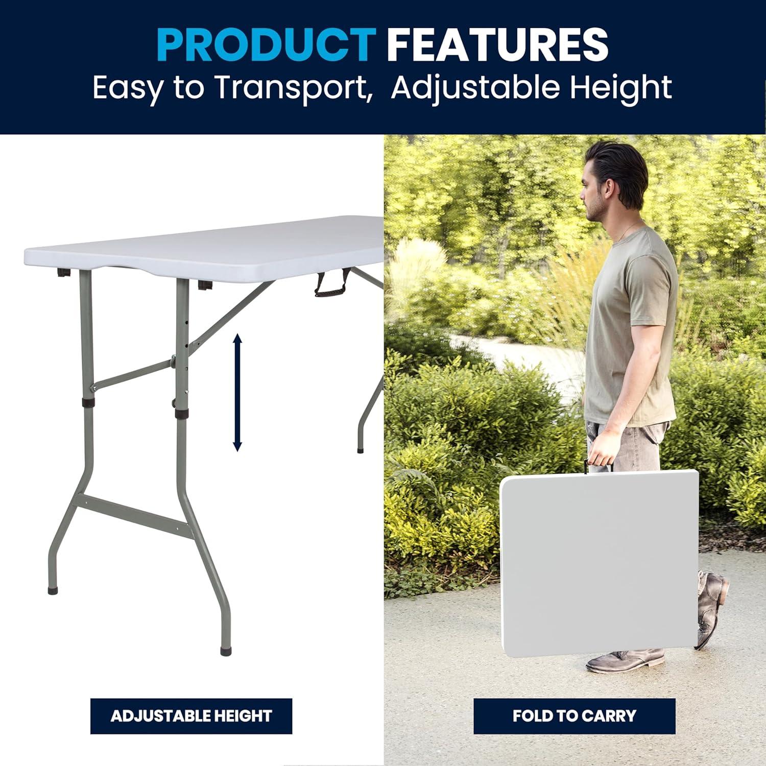 imageFlash Furniture Kathryn 5 Rectangular Plastic Folding Event Table with Carrying Handle BiFold Portable Banquet Table for IndoorOutdoor Events White 2725quotD x 60quotW x 34quotH