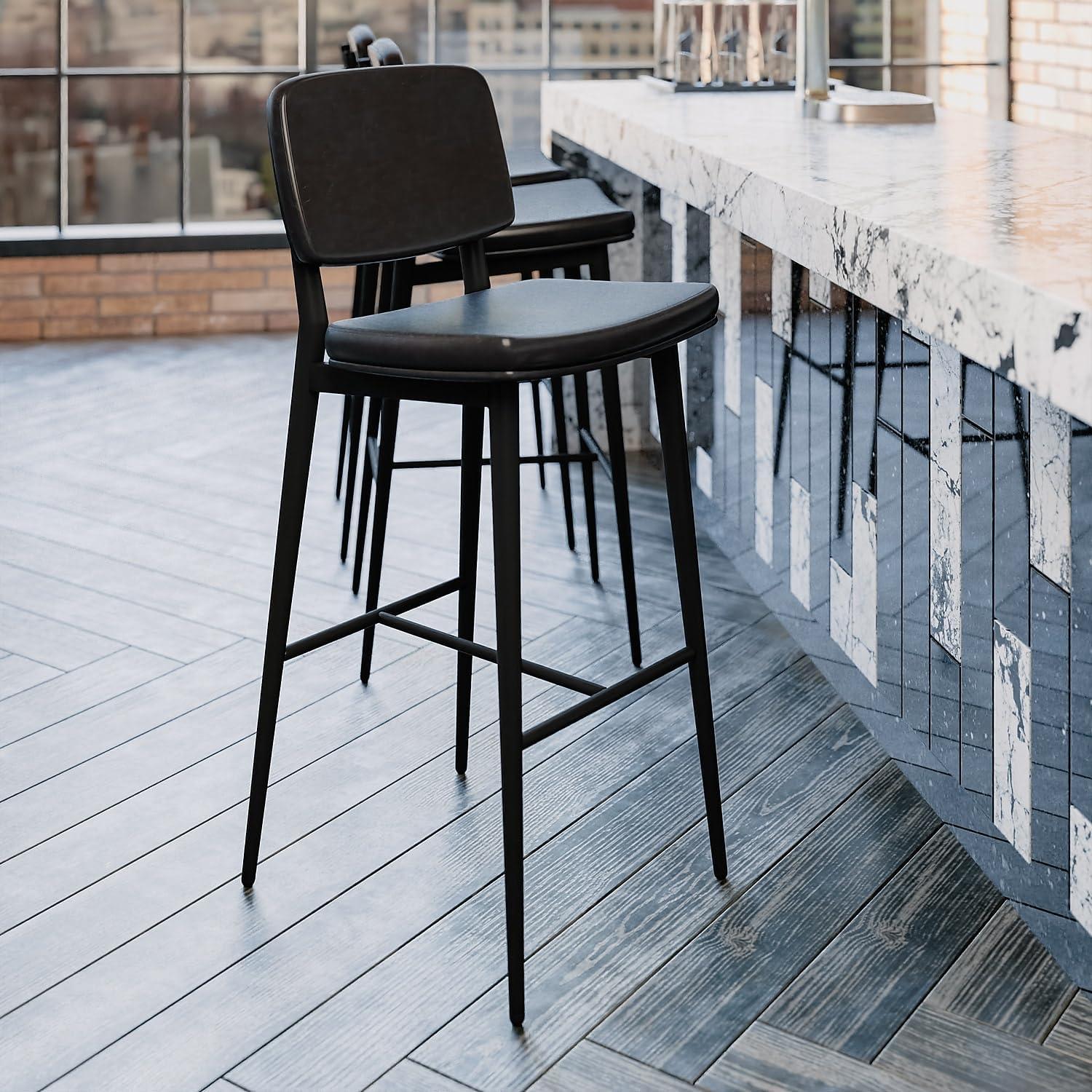 imageFlash Furniture Kenzie Commercial Grade MidBack Barstools Brown LeatherSoft Upholstery Black Iron Frame with Integrated Footrest Set of 2Black