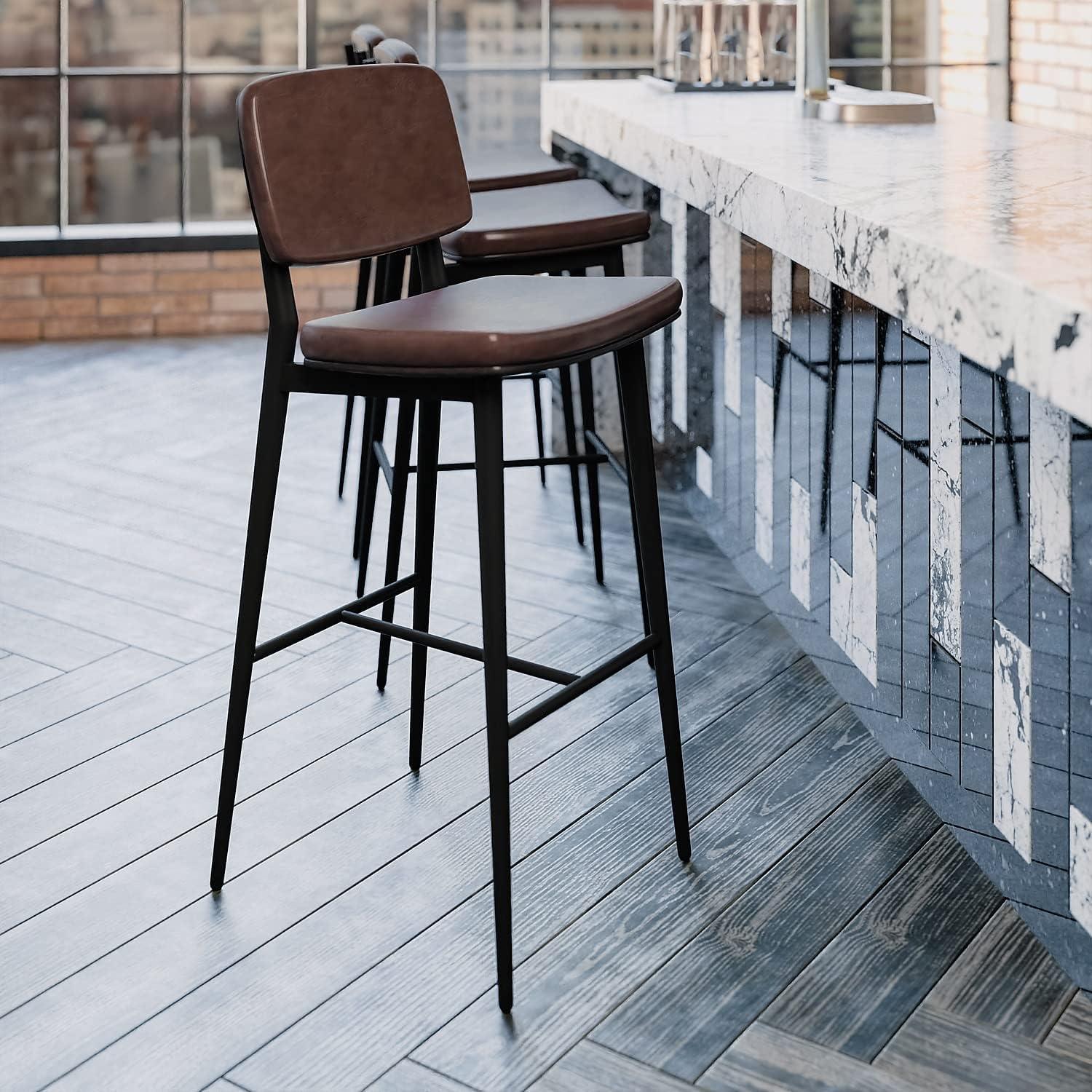 imageFlash Furniture Kenzie Commercial Grade MidBack Barstools Brown LeatherSoft Upholstery Black Iron Frame with Integrated Footrest Set of 2Brown