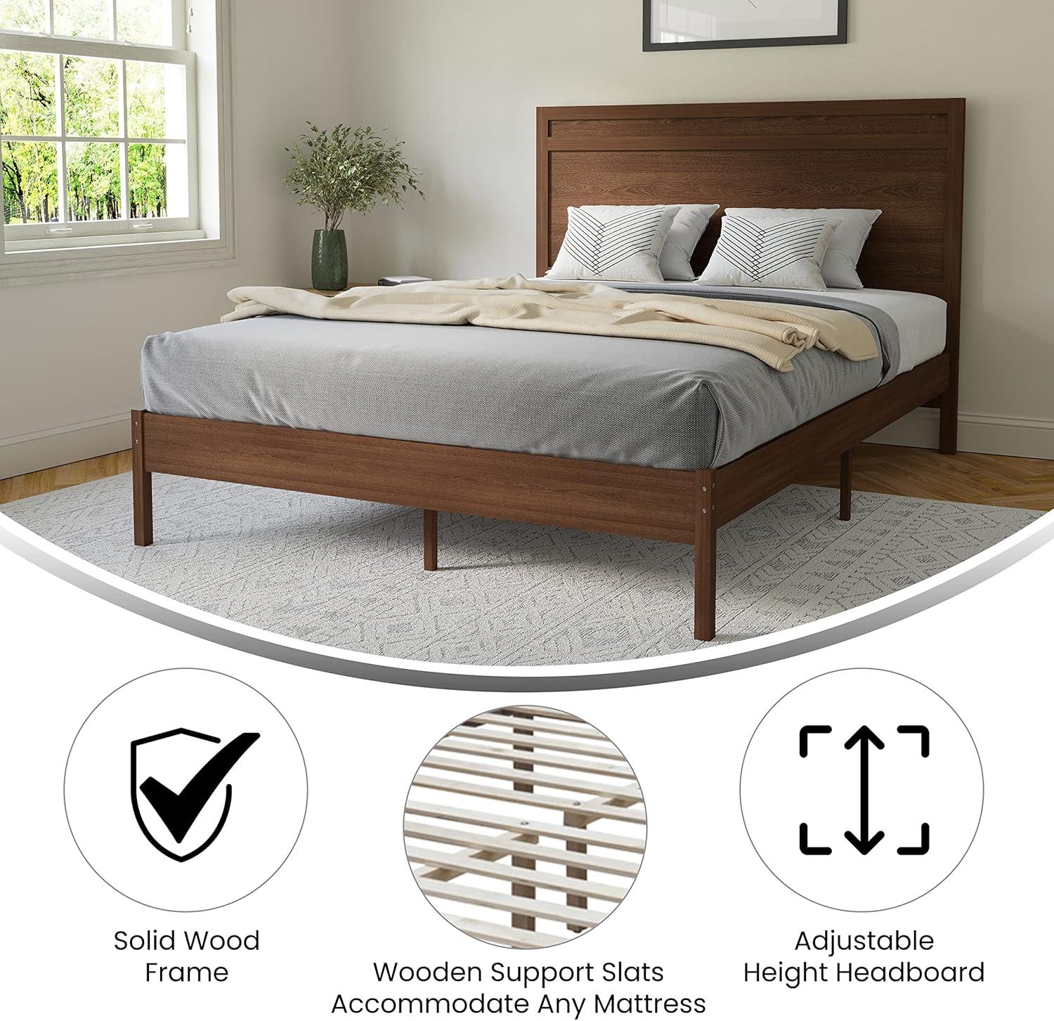 imageFlash Furniture Kingston Solid Wood Platform Bed with Wooden Slats and Headboard No Box Spring Needed King Size BrownBrown