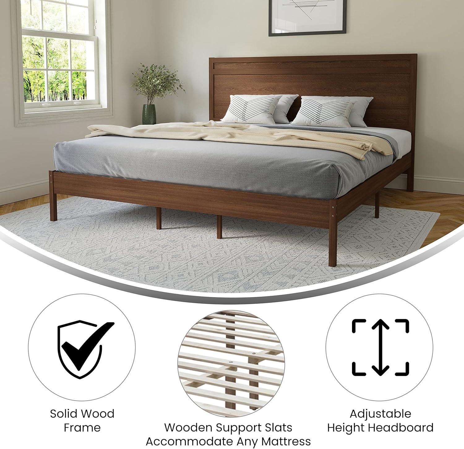 imageFlash Furniture Kingston Solid Wood Platform Bed with Wooden Slats and Headboard No Box Spring Needed King Size BrownBrown