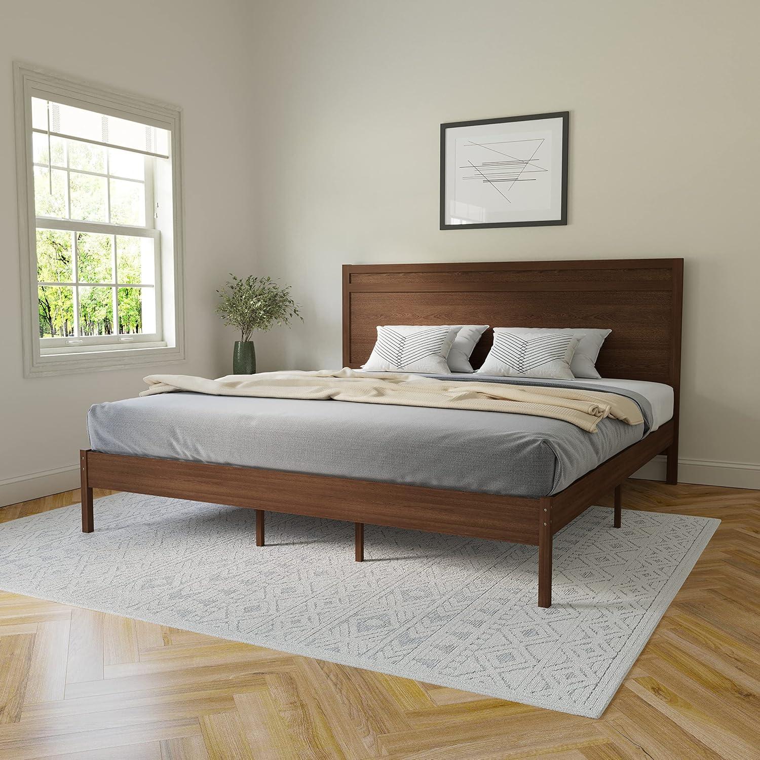 imageFlash Furniture Kingston Solid Wood Platform Bed with Wooden Slats and Headboard No Box Spring Needed King Size BrownBrown