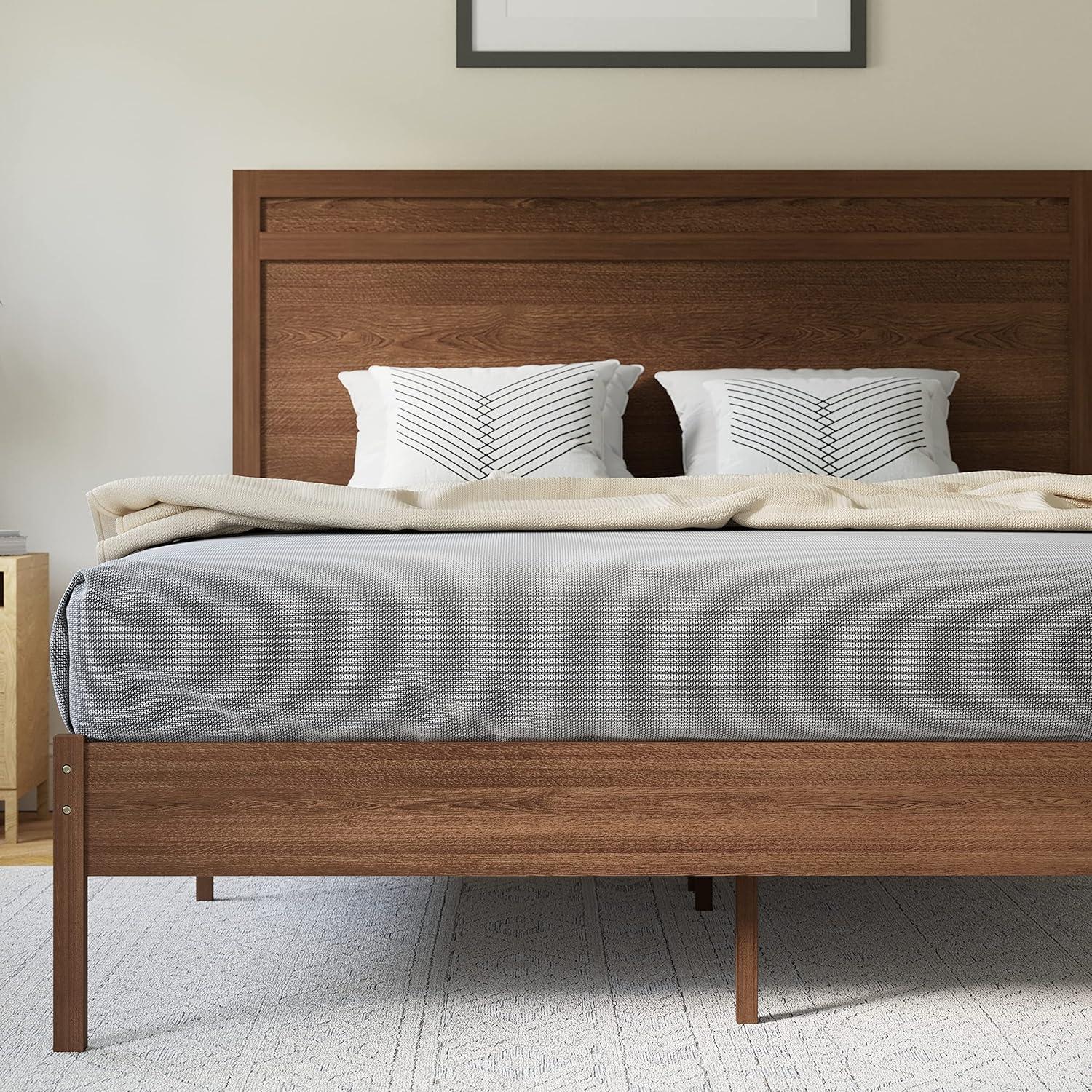 imageFlash Furniture Kingston Solid Wood Platform Bed with Wooden Slats and Headboard No Box Spring Needed King Size BrownBrown