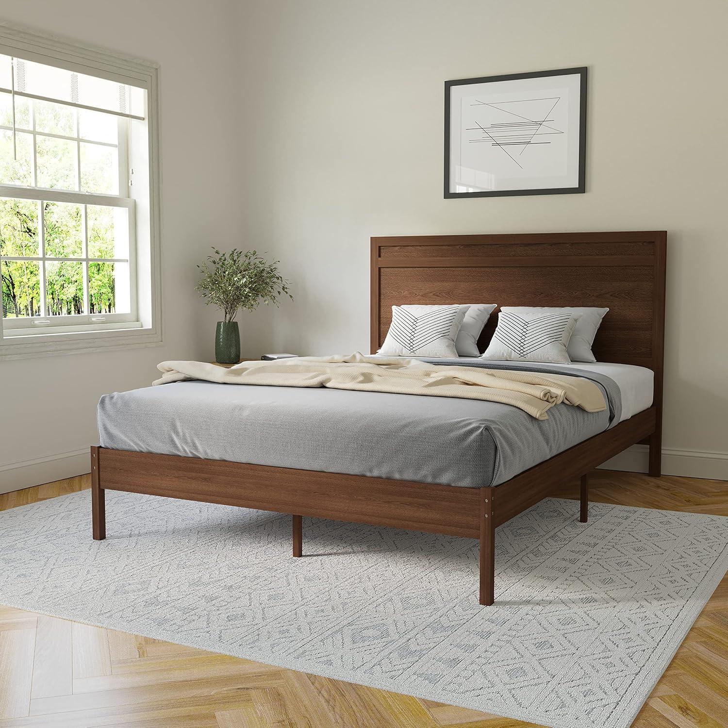 imageFlash Furniture Kingston Solid Wood Platform Bed with Wooden Slats and Headboard No Box Spring Needed King Size BrownBrown