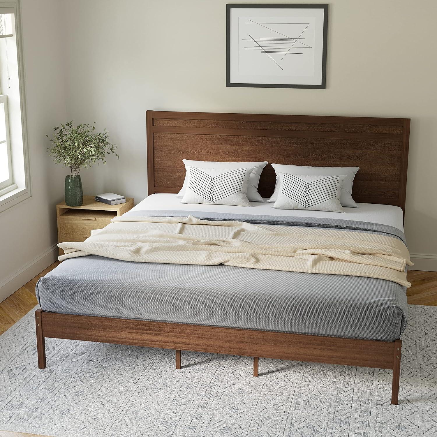 imageFlash Furniture Kingston Solid Wood Platform Bed with Wooden Slats and Headboard No Box Spring Needed King Size BrownBrown
