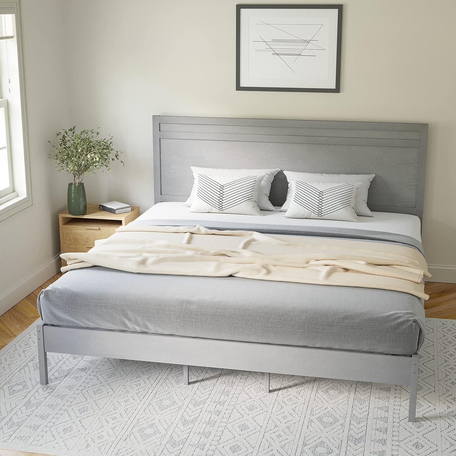 imageFlash Furniture Kingston Solid Wood Platform Bed with Wooden Slats and Headboard No Box Spring Needed King Size BrownGrey