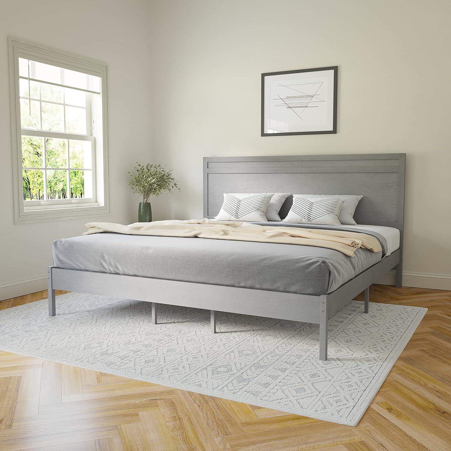 imageFlash Furniture Kingston Solid Wood Platform Bed with Wooden Slats and Headboard No Box Spring Needed King Size BrownGrey