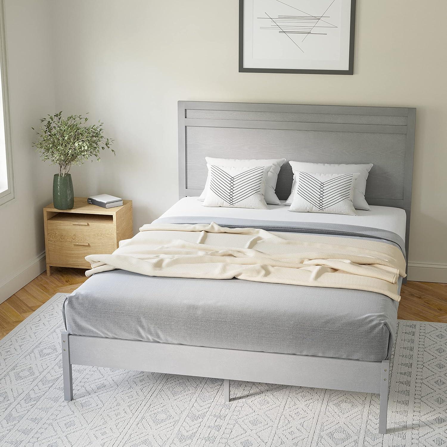 imageFlash Furniture Kingston Solid Wood Platform Bed with Wooden Slats and Headboard No Box Spring Needed King Size BrownGrey
