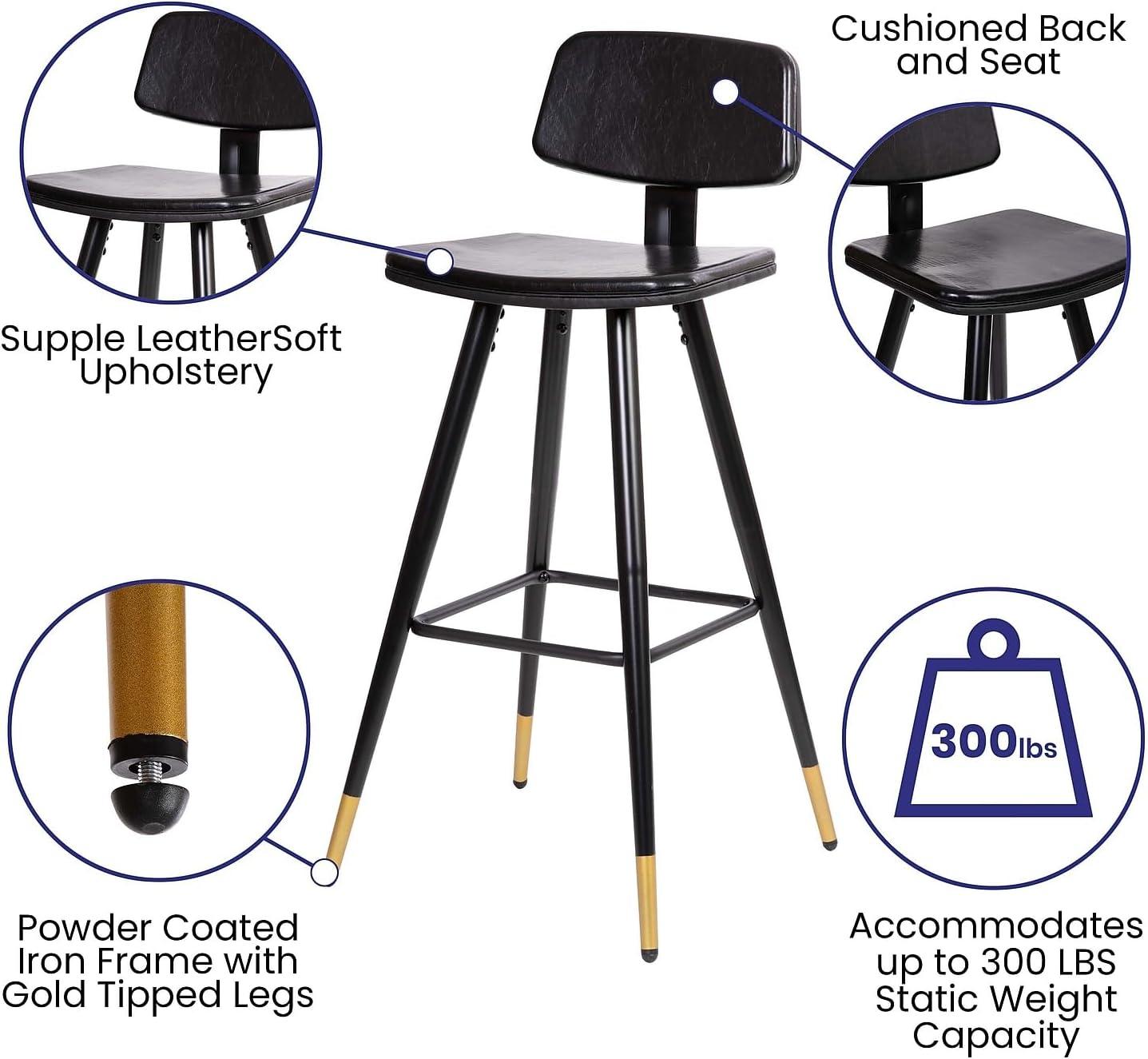 imageFlash Furniture Kora Commercial Grade Low Back BarstoolsBlack LeatherSoft UpholsteryBlack Iron FrameIntegrated FootrestGold Tipped LegsSet of 2Black