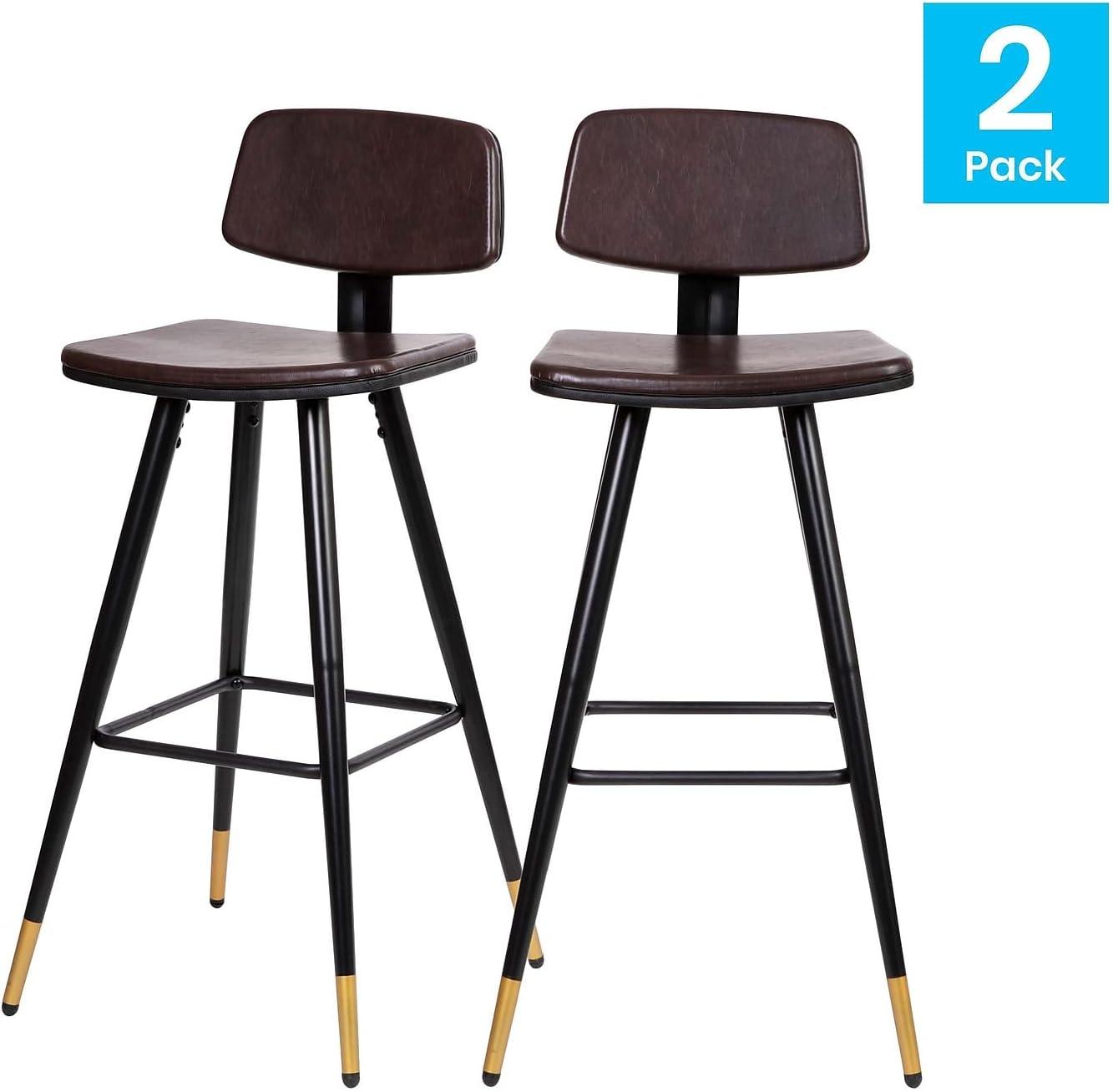 imageFlash Furniture Kora Commercial Grade Low Back BarstoolsBlack LeatherSoft UpholsteryBlack Iron FrameIntegrated FootrestGold Tipped LegsSet of 2Brown