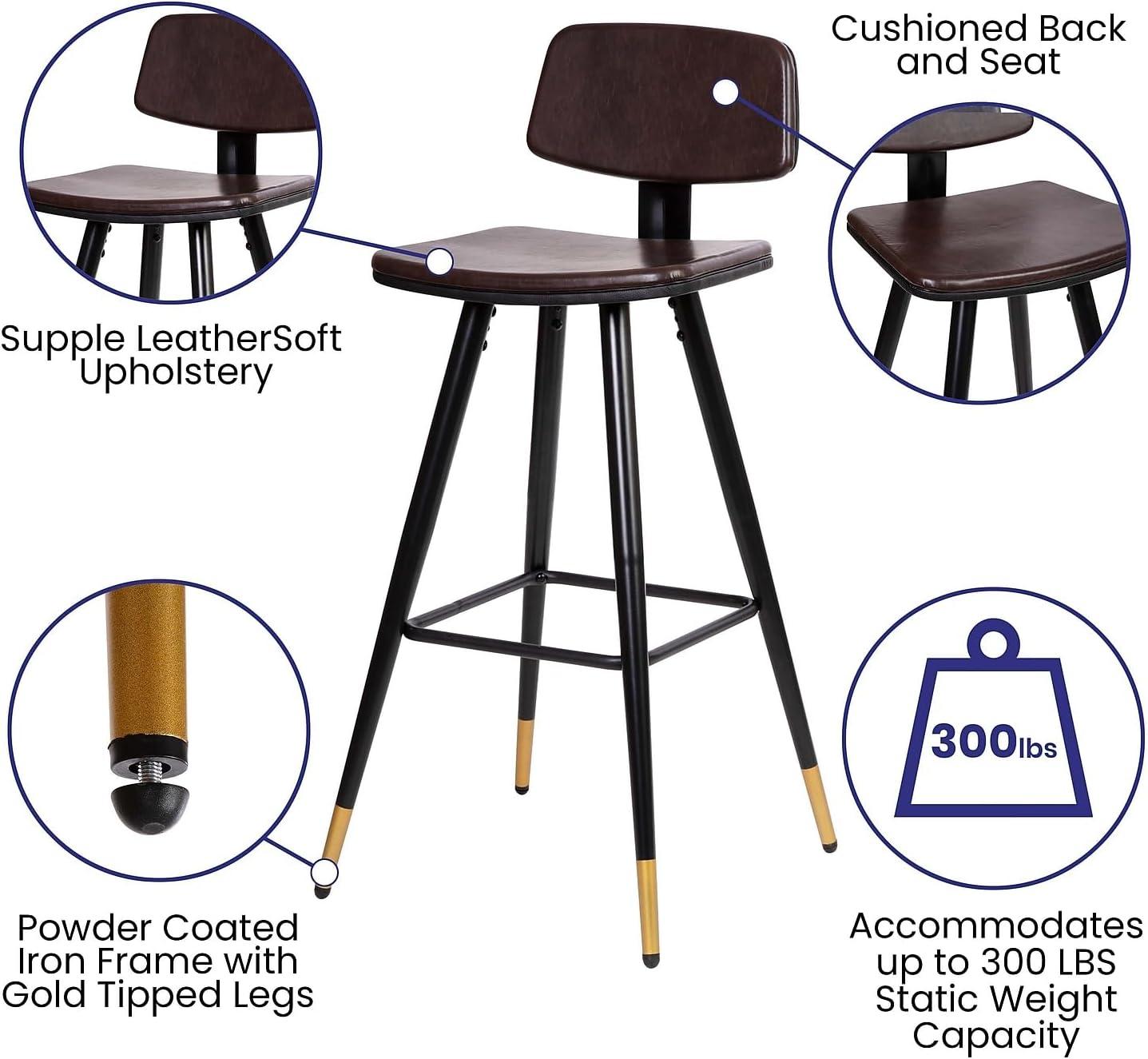 imageFlash Furniture Kora Commercial Grade Low Back BarstoolsBlack LeatherSoft UpholsteryBlack Iron FrameIntegrated FootrestGold Tipped LegsSet of 2Brown