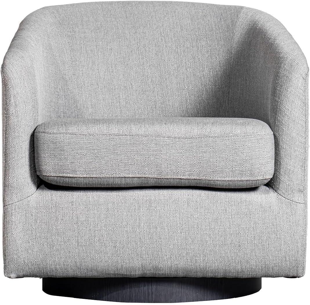 imageFlash Furniture Landon Upholstered Barrel Chair Commercial 360 Swivel Club Style Chair Sloped Armrests Woodgrain Vinyl Wrapped Metal Base Light Gray FabricLight Gray