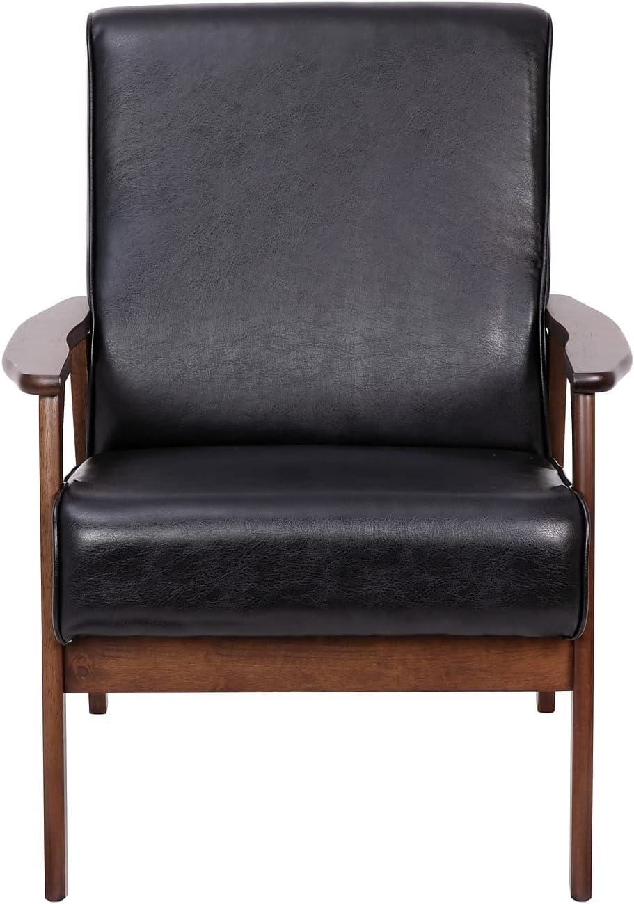 imageFlash Furniture Langston Commercial Mid Century Modern Chair Black LeatherSoft Upholstery Walnut Finish Wooden Frame and Arms Extra Supportive Sinuous SpringsBlack Leathersoft