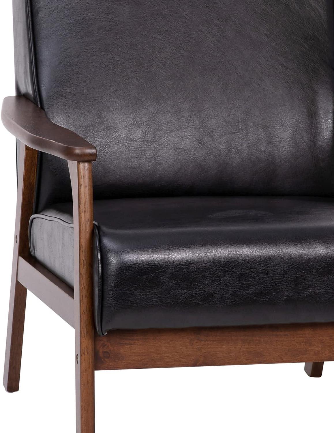 imageFlash Furniture Langston Commercial Mid Century Modern Chair Black LeatherSoft Upholstery Walnut Finish Wooden Frame and Arms Extra Supportive Sinuous SpringsBlack Leathersoft