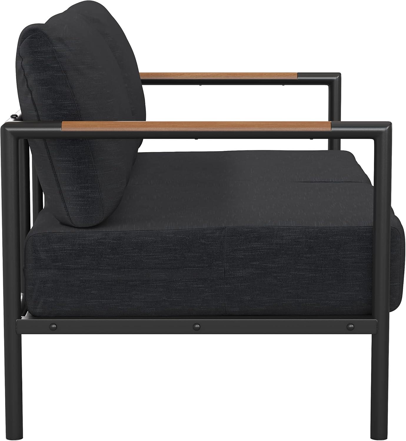 imageFlash Furniture Lea IndoorOutdoor Loveseat with CushionsModern Aluminum Framed Loveseat with Teak Accent Arms Black with Charcoal Cushions