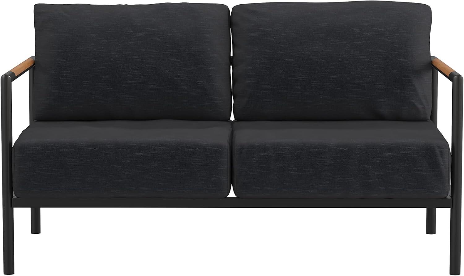 imageFlash Furniture Lea IndoorOutdoor Loveseat with CushionsModern Aluminum Framed Loveseat with Teak Accent Arms Black with Charcoal Cushions