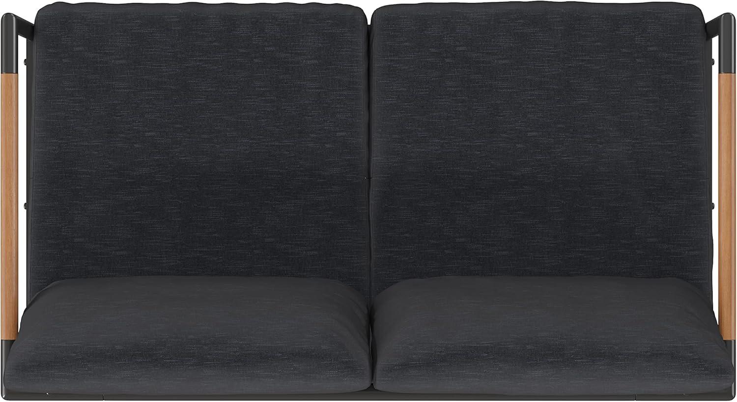 imageFlash Furniture Lea IndoorOutdoor Loveseat with CushionsModern Aluminum Framed Loveseat with Teak Accent Arms Black with Charcoal Cushions