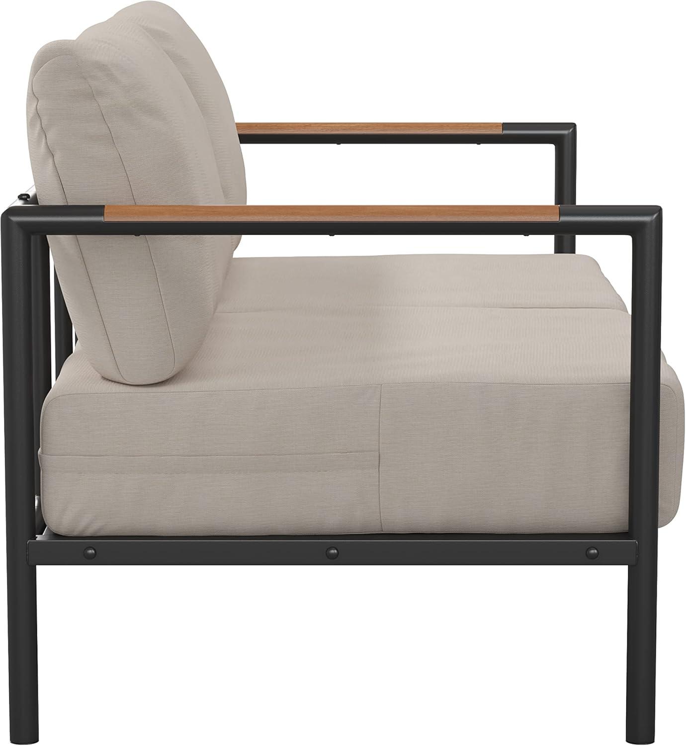 imageFlash Furniture Lea IndoorOutdoor Patio Loveseat with CushionsModern Aluminum Framed Loveseat with Teak Accent Arms Black with Beige Cushions