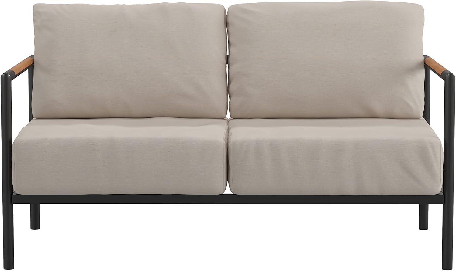 imageFlash Furniture Lea IndoorOutdoor Patio Loveseat with CushionsModern Aluminum Framed Loveseat with Teak Accent Arms Black with Beige Cushions