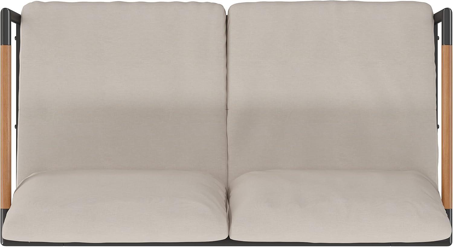 imageFlash Furniture Lea IndoorOutdoor Patio Loveseat with CushionsModern Aluminum Framed Loveseat with Teak Accent Arms Black with Beige Cushions