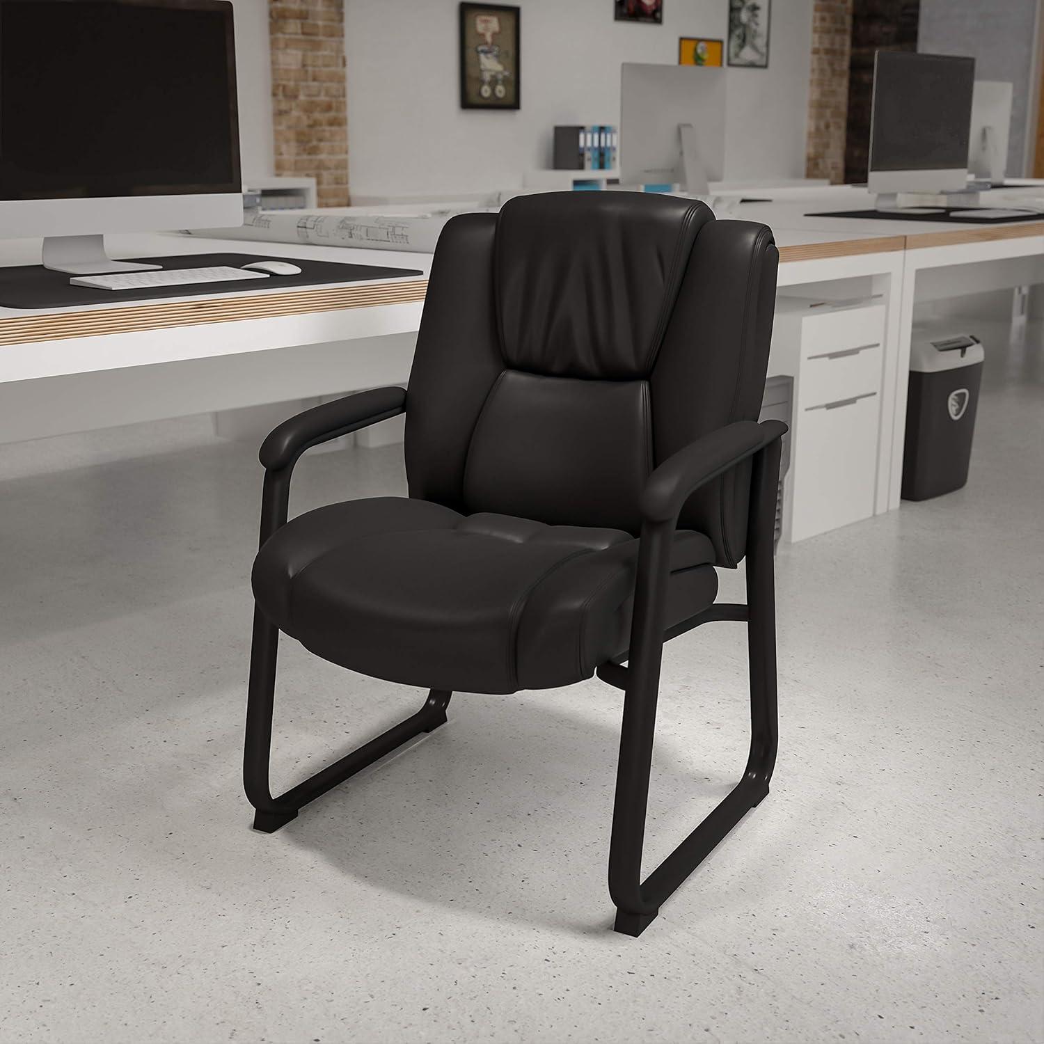 imageFlash Furniture LeatherSoft Executive Reception Chair with Padded Armrests and Sled Base Upholstered Side Chair for Living Room or Office Black