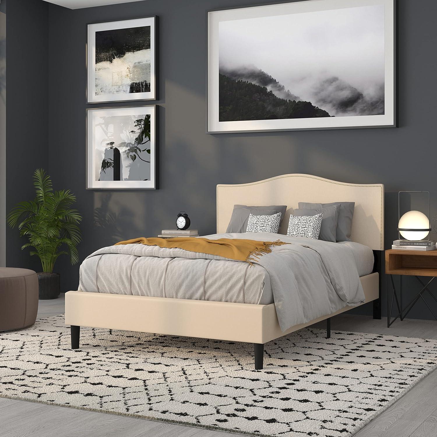 imageFlash Furniture Lexington Upholstered Twin Size Headboard with Accent Nail Trim in White FabricBeige