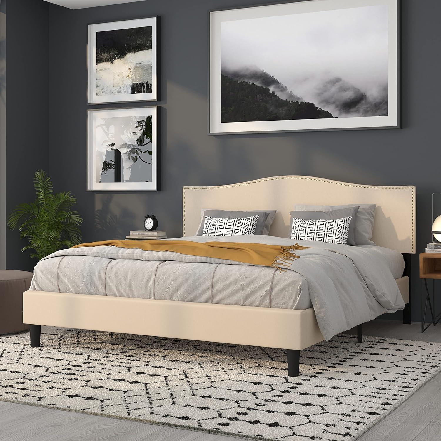 imageFlash Furniture Lexington Upholstered Twin Size Headboard with Accent Nail Trim in White FabricBeige