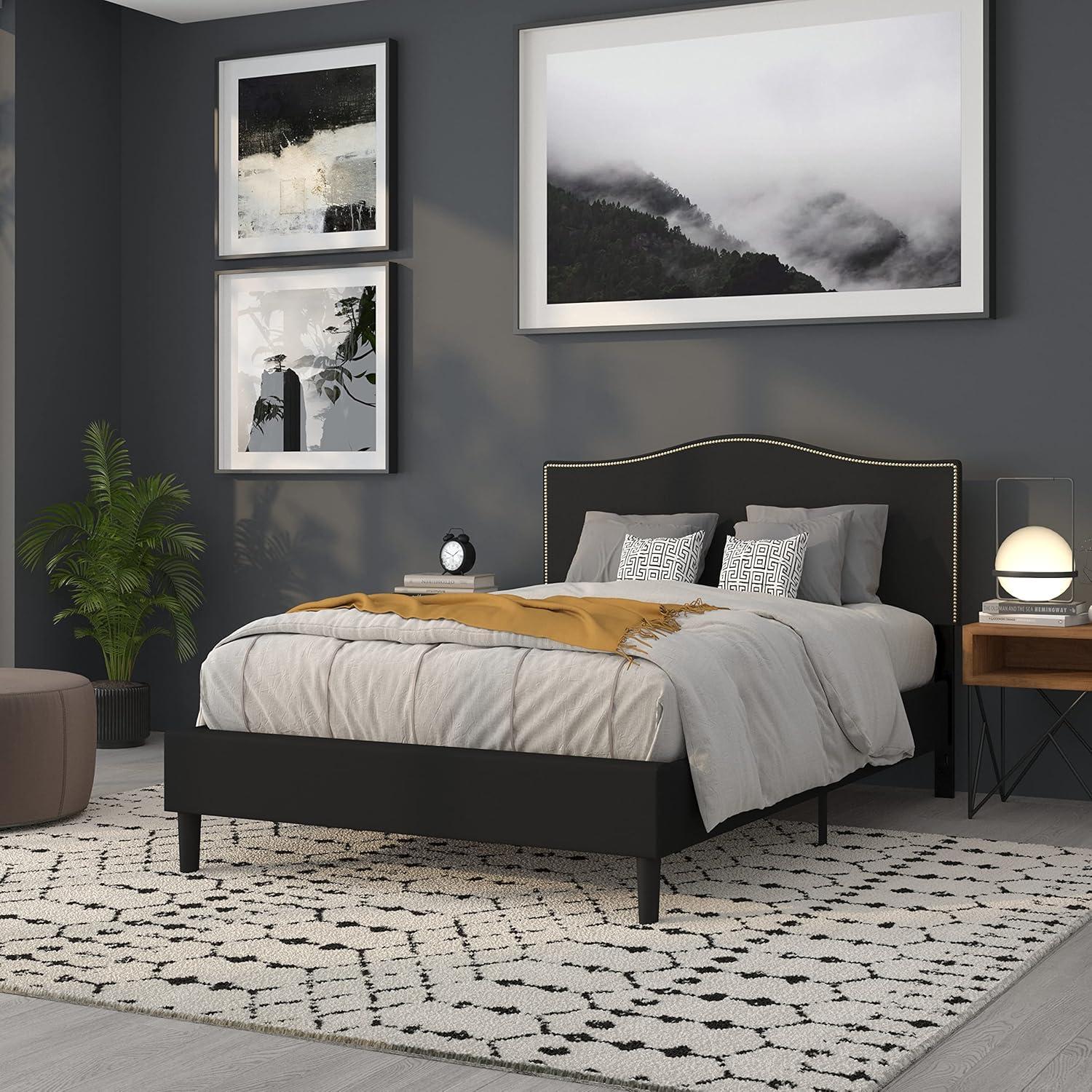 imageFlash Furniture Lexington Upholstered Twin Size Headboard with Accent Nail Trim in White FabricBlack