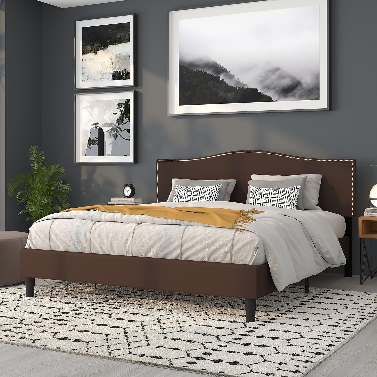 imageFlash Furniture Lexington Upholstered Twin Size Headboard with Accent Nail Trim in White FabricDark Brown