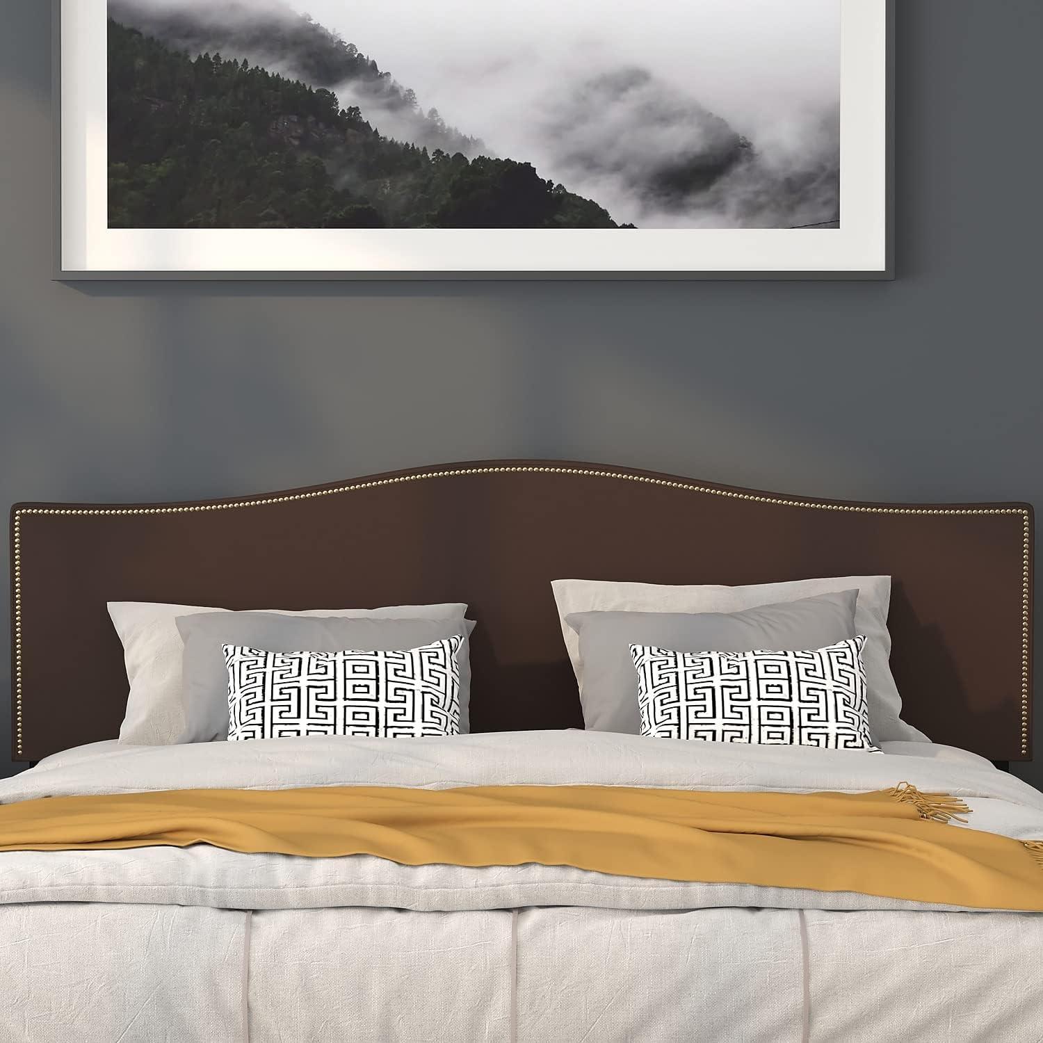 imageFlash Furniture Lexington Upholstered Twin Size Headboard with Accent Nail Trim in White FabricDark Brown