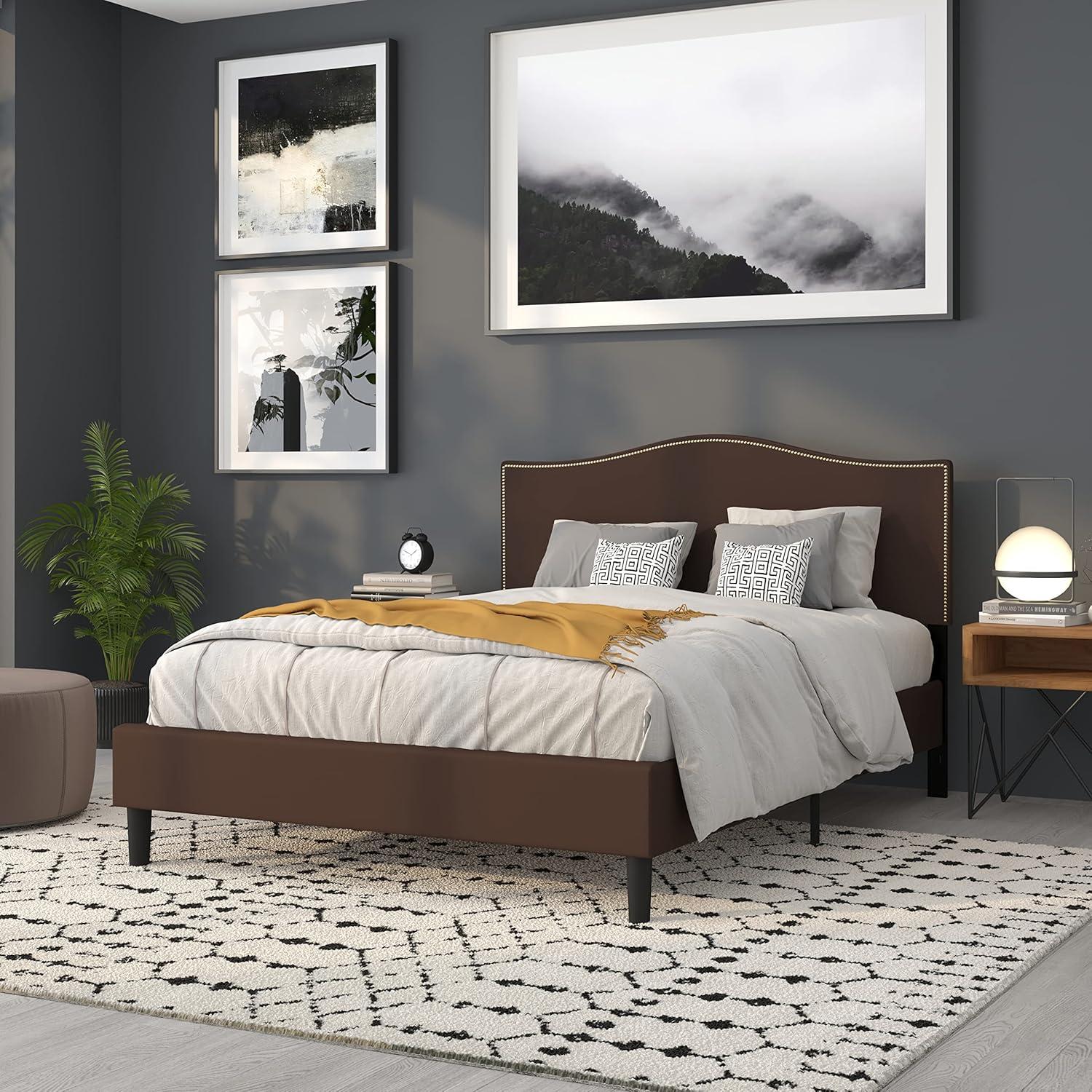 imageFlash Furniture Lexington Upholstered Twin Size Headboard with Accent Nail Trim in White FabricDark Brown