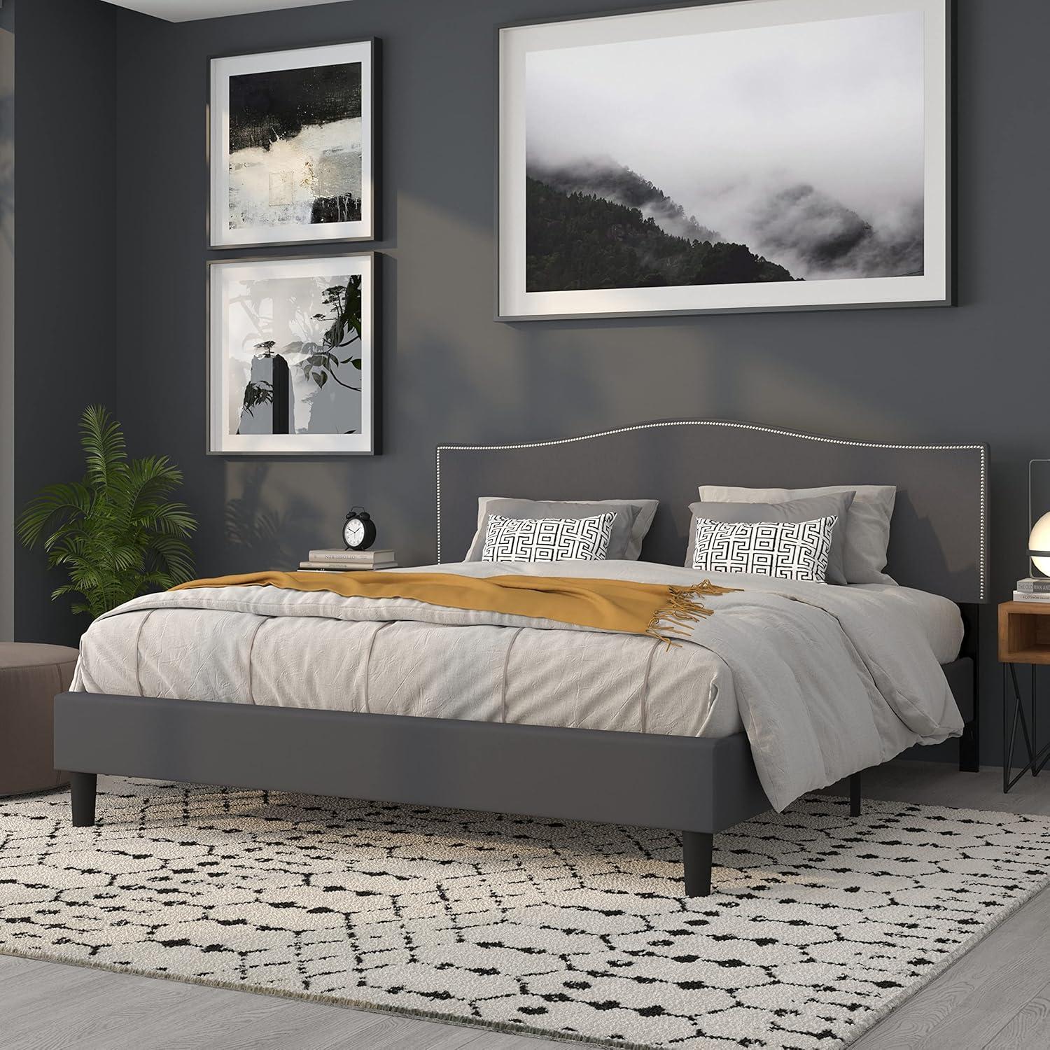 imageFlash Furniture Lexington Upholstered Twin Size Headboard with Accent Nail Trim in White FabricDark Gray