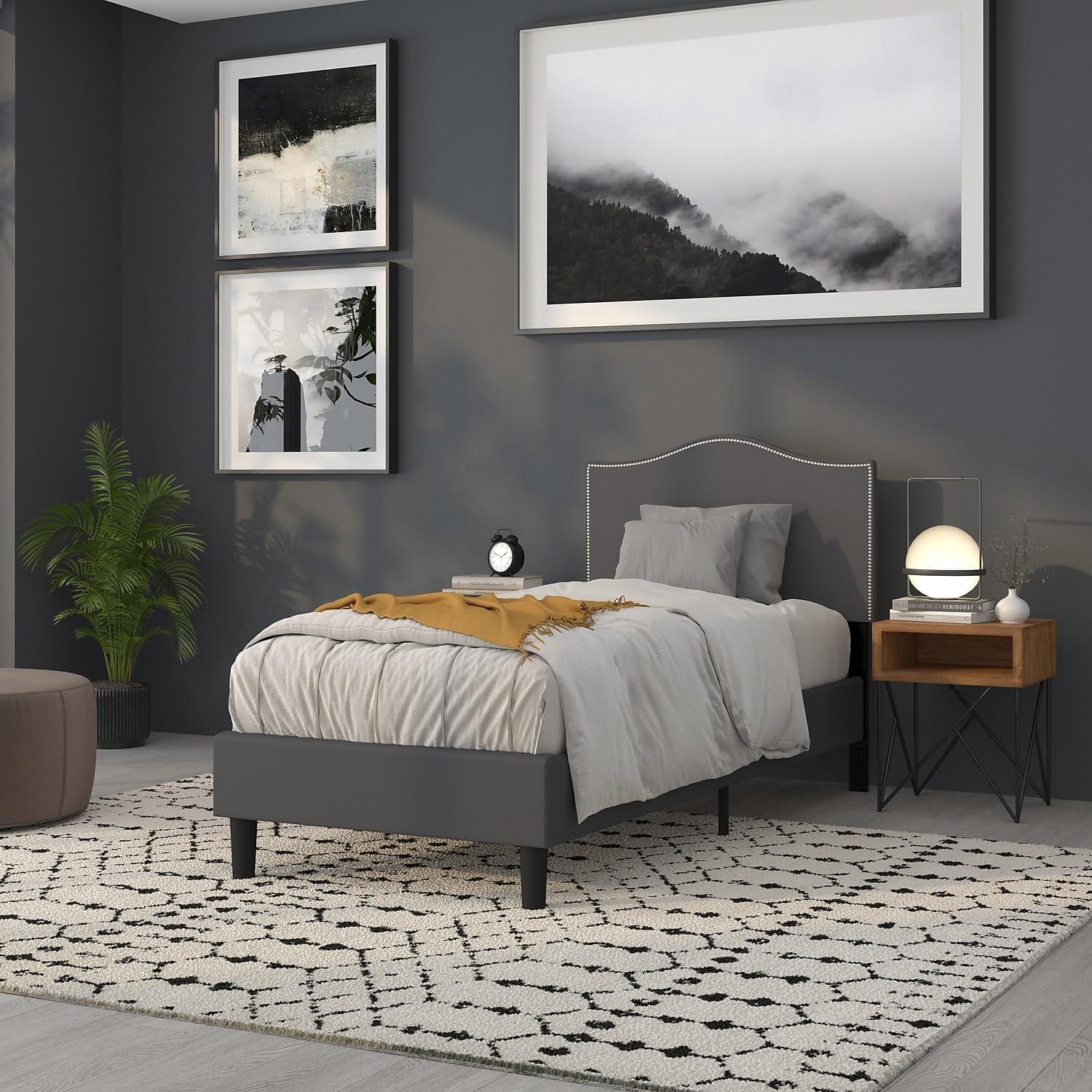 imageFlash Furniture Lexington Upholstered Twin Size Headboard with Accent Nail Trim in White FabricDark Gray