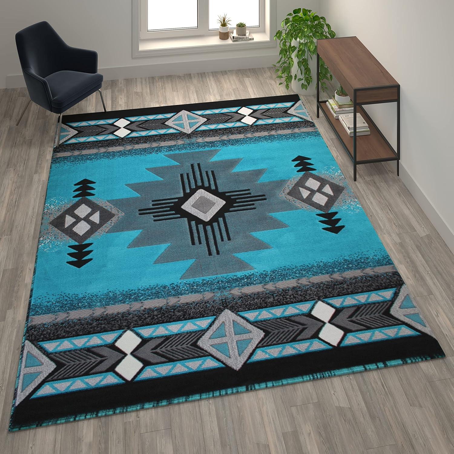 imageFlash Furniture Mohave Traditional Southwestern Style Area Rug Rustic Ivory Accent Rug 8 x 10 Olefin Fibers with Jute BackingTurquoise