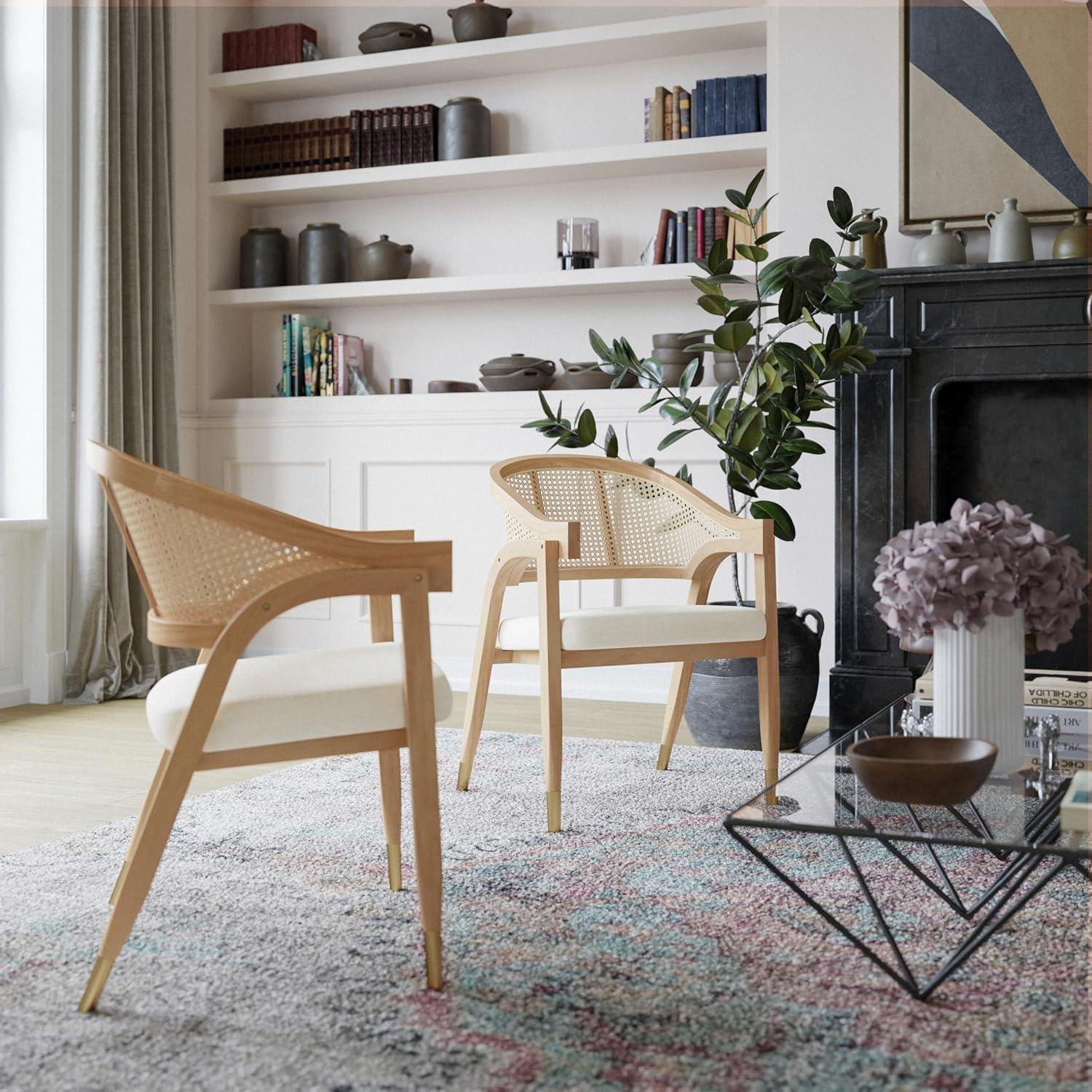 imageFlash Furniture Naomi Cane Rattan Dining and Accent Chair Commercial Grade Solid Wood Frame with Gold Accent Legs Beige Upholstered Padded Seat NaturalBlackNatural