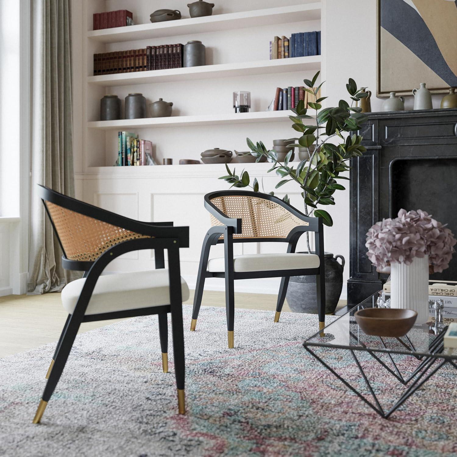 imageFlash Furniture Naomi Cane Rattan Dining and Accent Chair Commercial Grade Solid Wood Frame with Gold Accent Legs Beige Upholstered Padded Seat NaturalBlackBlack