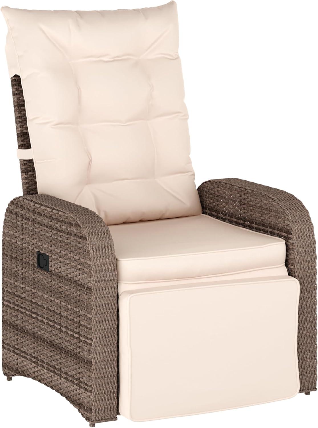 imageFlash Furniture Nemo IndoorOutdoor Patio Wicker Rattan Recliner Lounge Chair with FlipUp Side Table BeigeBrownBeige CushionsBrown Frame