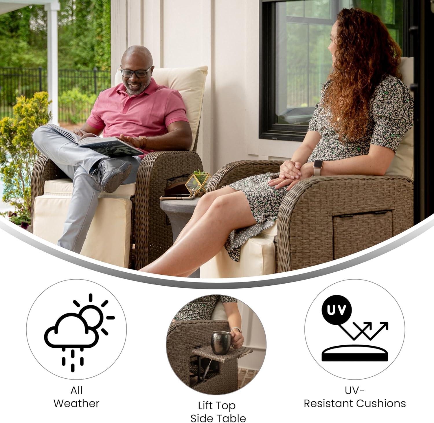 imageFlash Furniture Nemo IndoorOutdoor Patio Wicker Rattan Recliner Lounge Chair with FlipUp Side Table BeigeBrownBeige CushionsBrown Frame
